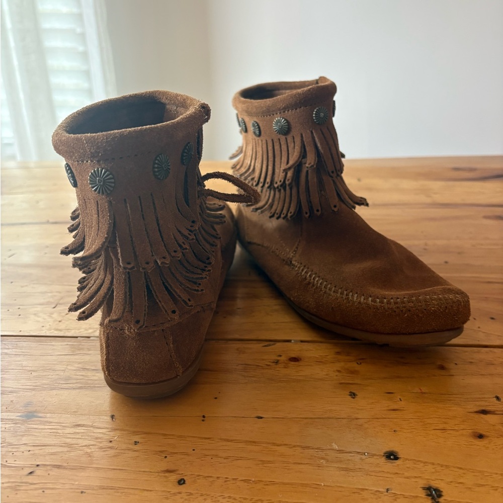 Minnetonka Chestnut Suede Fringe Ankle Boots with Conchos